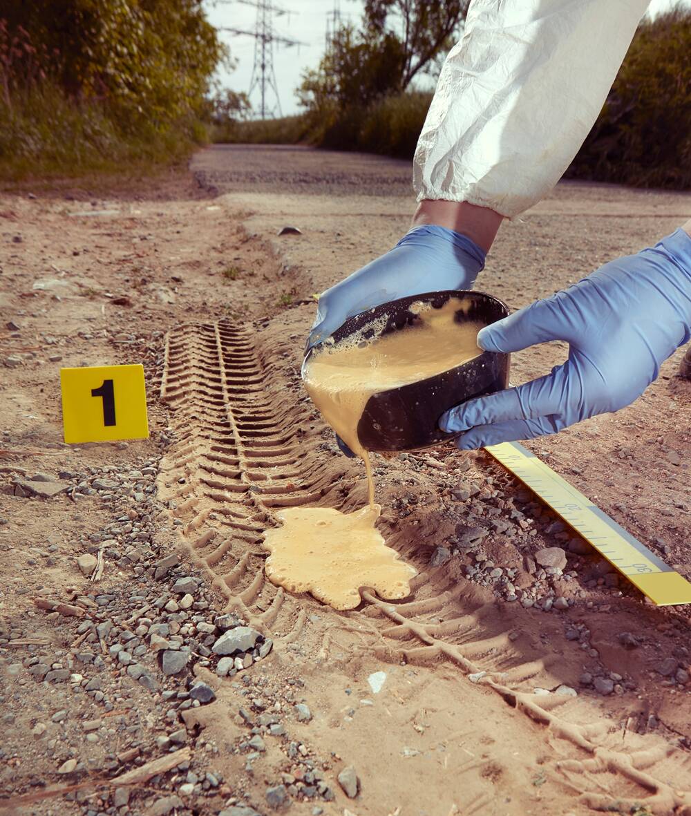 forensic technician using Trackrite Forensics Casting Material to cast tire tracks